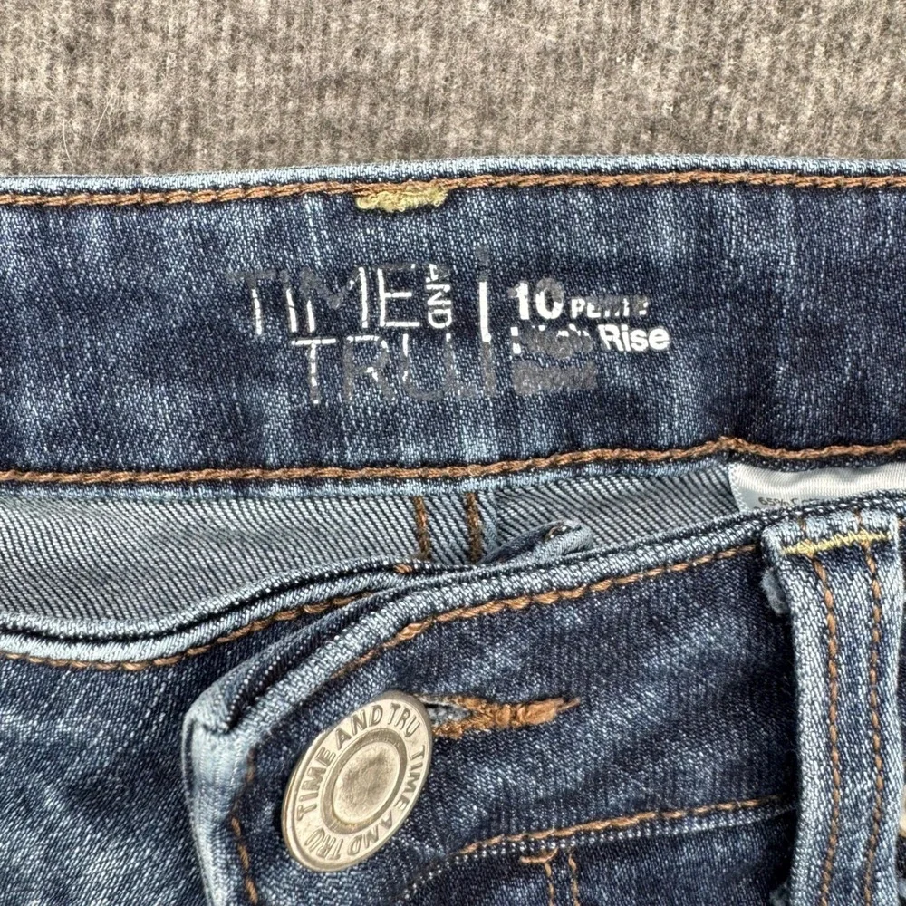 Time and Tru Womens High Rise Bootcut Distressed Jeans Blue Size 10 Petite Ankle